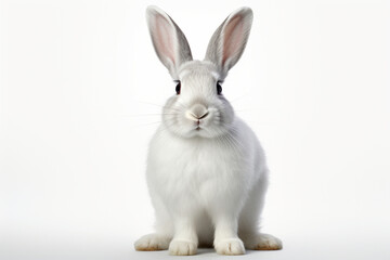 White Rabbit sitting up on a white background. Animal front portrait.