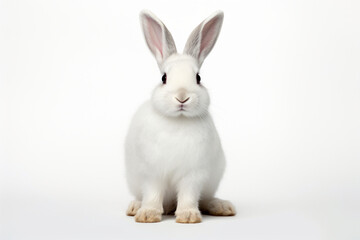 Fototapeta premium White Rabbit sitting up on a white background. Animal front portrait.