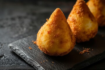 Coxinha, traditional Brazilian snack, stuffed with chicken and fried on black background - obrazy, fototapety, plakaty