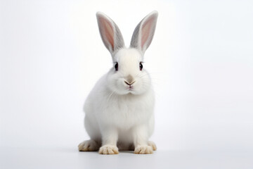 Obraz premium White Rabbit sitting up on a white background. Animal front portrait.