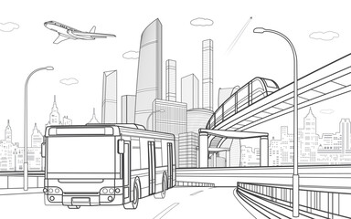 Outline city illustration. Bus moving on highway. Railroad bridge. Car overpass. Train rides. City Infrastructure and transport image. Urban scene. Vector design art. Gray lines on white background - 701070251