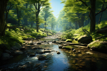 A calming forest stream with dappled sunlight filtering through the trees, creating a peaceful environment for relaxation. Concept of streamside serenity. Generative Ai.