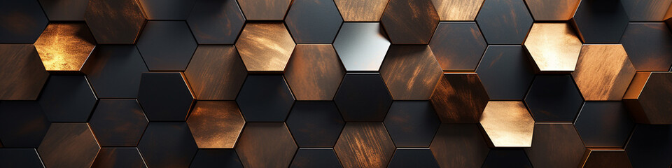Hexagonal metal surfaces arranged in an abstract pattern, softly lit to accentuate the intricate textures and patterns, resulting in a visually captivating backdrop.