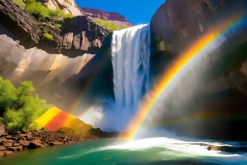 A-powerful-waterfall-in-a-rocky-canyon-the-sunlight-creating-a-vibrant-rainbow-over-its-tumultuous-view