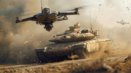 Combat aerial drone attacking a tank