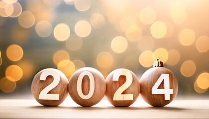 A stack of wooden cube with defocused lights. 2024 new year concept. Business concept. Backgrounds.