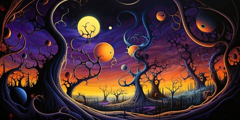 Surreal Fantasy Landscape with Twisted Trees and Planets - Enchanting Night Sky Art for Imagination and Wall Decor