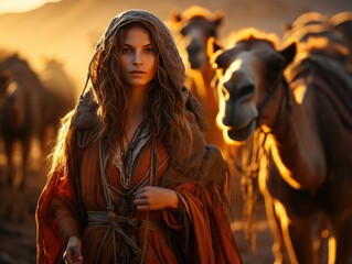 Beautiful Veiled Women Traveling in the Desert with Sunlight Effect