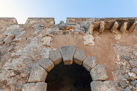 Main gate of Mylopotamos castle in Kythira island. On top there is the winged lion, emblem of Saint Mark and of the powerful state of Venice. The castle was built by the Venetians in 1565.