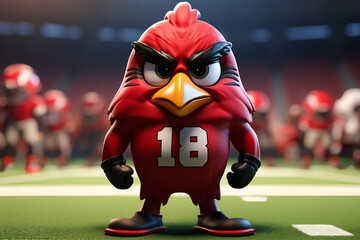 Cute cartoon character red bird American football player. Generative AI image.