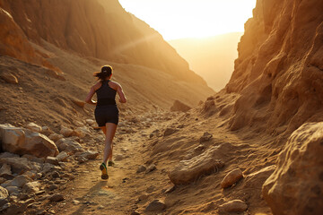 woman jogging through a canyon at morning 