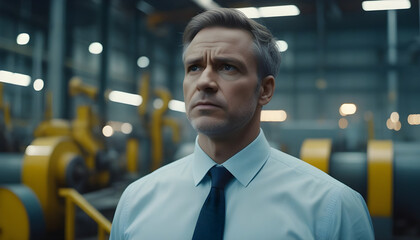 Fototapeta premium Thoughtful businessman looking away while standing against machinery in industry