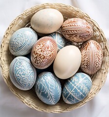 Decorative Painted Easter Eggs in Woven Basket
