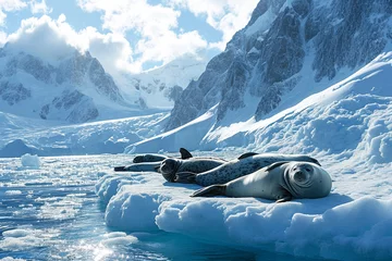  A group of Weddell seals lounging on drifting ice floes, with a backdrop of towering glaciers and distant mountains, highlighting the diverse marine life of Antarctica. © HADAPI
