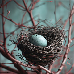 Rustic Easter: Blue Eggs and White Flowers in a Twig Nest