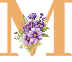 Floral alphabet, gold letter e with watercolor violet flowers and leaf. Botanical monogram initials are perfect for wedding invitations, greeting cards, and others. Holiday design hand painting