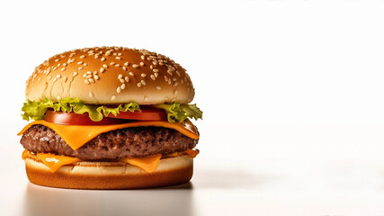 A Cheeseburger Isolated on a Solid White Background With Copy Space - obrazy, fototapety, plakaty