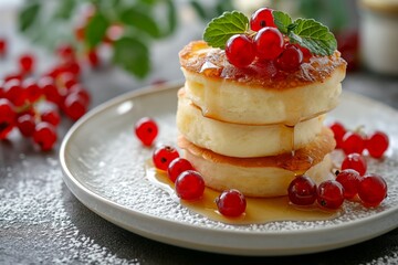 Fluffy Japanese Souffle pancakes with honey, red currants on a white plate. Tasty breakfast close up - obrazy, fototapety, plakaty