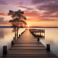 Fototapeta premium A pier with a few trees and a sunset generative ai