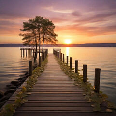 Obraz premium A pier with a few trees and a sunset generative ai