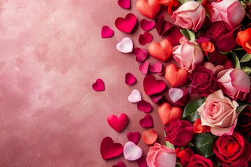 Pink roses mixed with small petals looking like hearts for Valentine's day card or wallpaper 