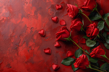 Red roses mixed with small petals looking like hearts for Valentine's day card or wallpaper 