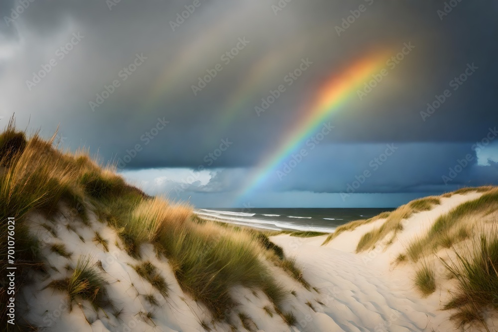 Poster rainbow on the beach, Rainbow in the dunes at Texel island in the Wadden sea region stock photo