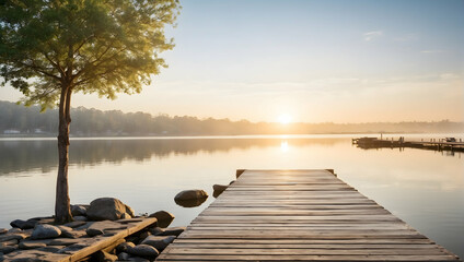Lake Sunset and Sunrise with Wooden Pier, Calm Waters, and Sky Reflection - obrazy, fototapety, plakaty