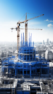  Monochrome photo of blue color, a large construction site