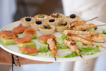 Caterer holding a large plate with small canapes, a selection of succulent chicken skewers, smoked salmon and cucumber sandwiches and a variety of savory tartlets, finger food prepared for an event