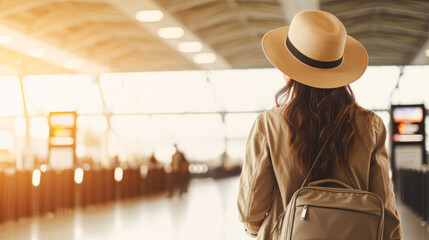 Young woman in airport waiting for airplane. Travel concept. - obrazy, fototapety, plakaty