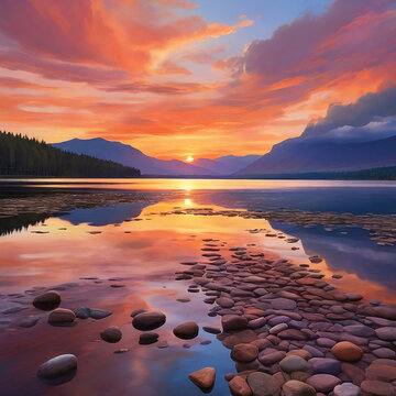 The lake at sunset. Vibrant Sky generative ai