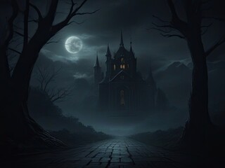 A gloomy scene, a street after the rain, a scary building.