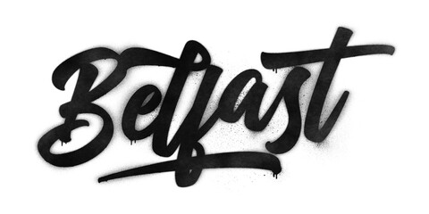 Belfast city name written in graffiti-style brush script lettering with spray paint effect isolated on transparent background - obrazy, fototapety, plakaty