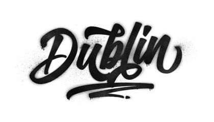 Naklejka premium Dublin city name written in graffiti-style brush script lettering with spray paint effect isolated on transparent background