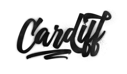 Cardiff city name written in graffiti-style brush script lettering with spray paint effect isolated on transparent background