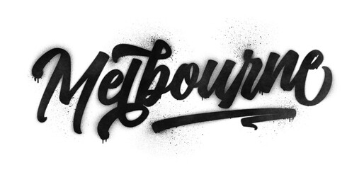 Obraz premium Melbourne city name written in graffiti-style brush script lettering with spray paint effect isolated on transparent background