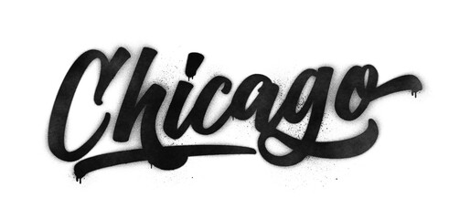 Naklejka premium Chicago city name written in graffiti-style brush script lettering with spray paint effect isolated on transparent background