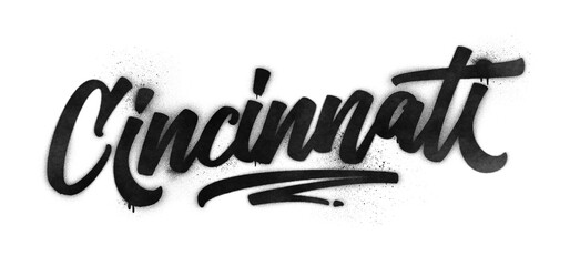 Obraz premium Cincinnati city name written in graffiti-style brush script lettering with spray paint effect isolated on transparent background
