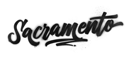 Sacramento city name written in graffiti-style brush script lettering with spray paint effect isolated on transparent background