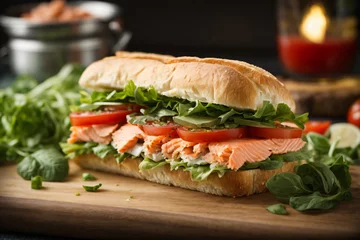 Fotobehang Fresh healthy salmon sandwich with lettuce and cucumber on vintage chopping board on black stone background. Breakfast snack. Fresh tomatoes, dill and lemon. AI Generative © Abdul