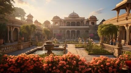 The exterior view of an enchanting palace surrounded by well-manicured gardens, the sunlight casting a soft glow on its regal architecture and intricate embellishments. - obrazy, fototapety, plakaty
