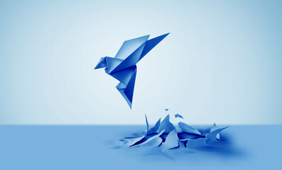 Business Success Inspiration and motivation concept as a birth or rebirth with a blue paper origami bird emerging as a symbol of creativity and metamorphosis and an icon of change and transformation.