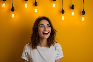 junge Frau hat eine Idee, gelber Hintergrund mit Glühbirnen – Lösung finden, Problem lösen,...