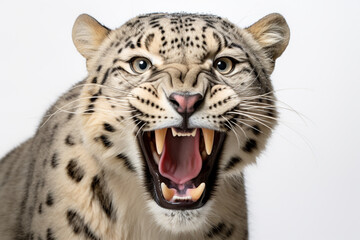 Obraz premium Snow Leopard roaring close-up portrait on a white background
