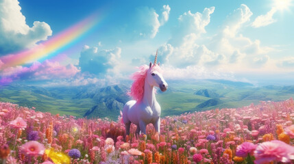 Magic unicorn in fantastic idyllic landscape