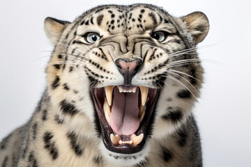 Obraz premium Snow Leopard roaring close-up portrait on a white background