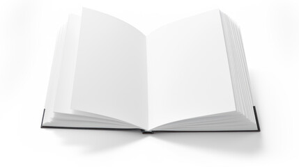 Open book with blank white pages lying on white surface