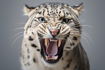 Snow Leopard roaring close-up portrait on a gray background