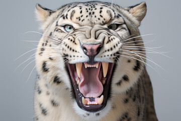 Obraz premium Snow Leopard roaring close-up portrait on a gray background